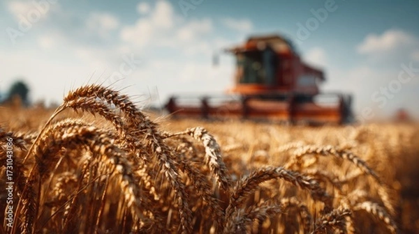 Fototapeta Selective Focus on Wheat at Farmland with Countryside View