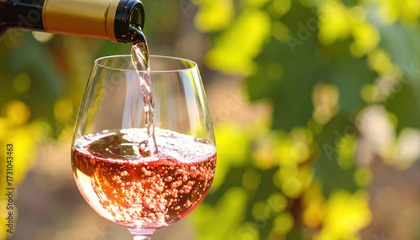 Fototapeta Red wine pouring into glass with bubbles, vineyard background, bright sunlight creating warm and inviting atmosphere, close up of beverage in clear glass
