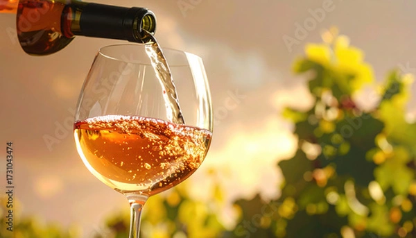 Fototapeta White wine pouring into glass with golden liquid sparkling in sunlight, creating warm and inviting atmosphere in vineyard setting during late afternoon