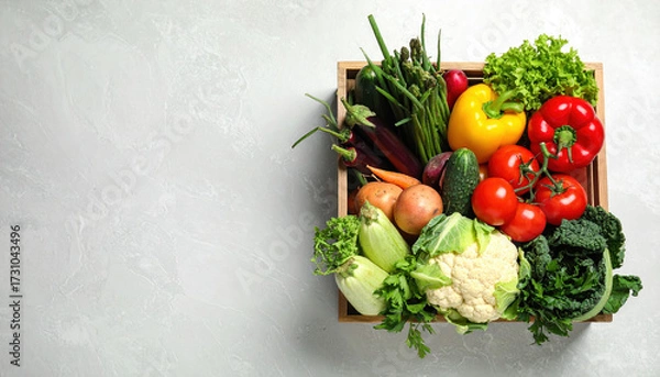 Fototapeta Fresh vegetables in wooden crate with tomatoes, cauliflower, lettuce, bell pepper, and asparagus on light background, healthy and colorful food concept