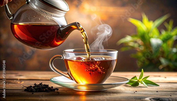 Fototapeta Steaming hot tea being poured from glass teapot into transparent cup on wooden table with loose tea leaves and green plant in background, creating warm and cozy atmosphere