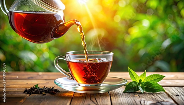 Fototapeta Hot tea pouring into glass cup on wooden table with fresh green leaves and sunlight in background, creating warm and relaxing atmosphere