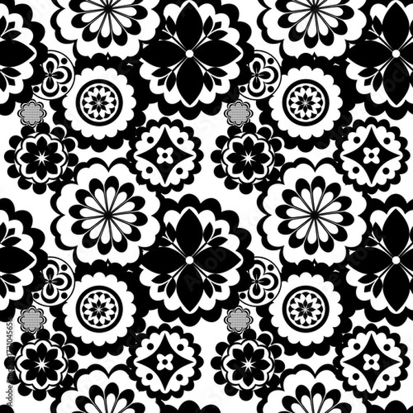 Fototapeta Black white seamless background with flowers .
Abstract, repeating regular pattern for print .
Graphic design with regular shapes.