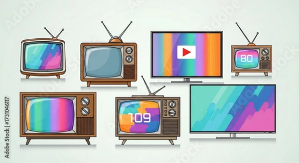 Fototapeta Illustration of seven televisions of varying styles including retro and modern flat screen tvs shown