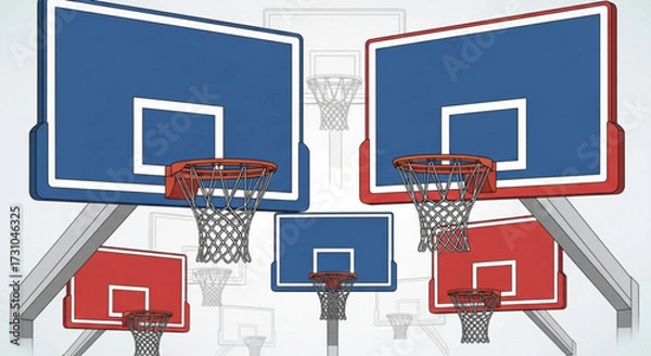 Fototapeta Illustration showcasing multiple basketball hoops with blue and red backboards and nets on a light background