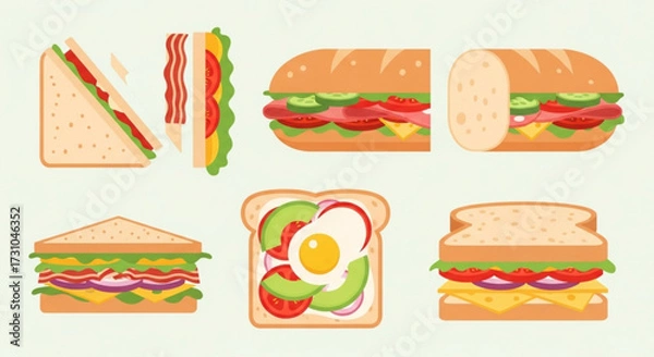 Fototapeta Illustration of assorted sandwiches including triangle, sub, and open faced with various ingredients shown