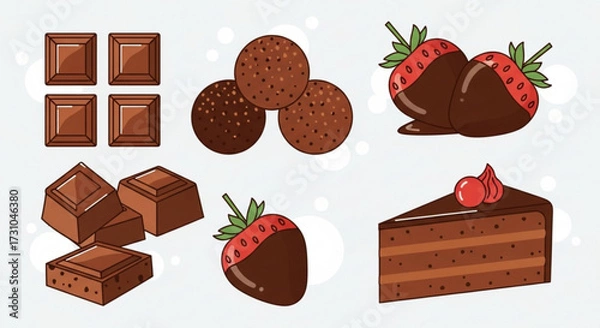 Fototapeta Illustration of chocolate squares, truffles, chocolate covered strawberries, and a slice of chocolate cake