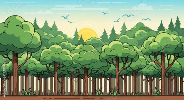 Fototapeta Cartoon landscape featuring a dense forest with trees, birds flying, and a sun setting in the background
