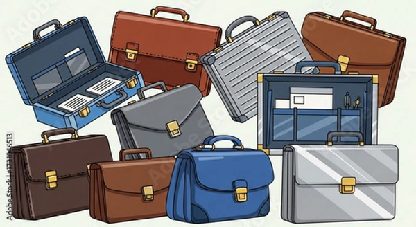 Fototapeta A collection of various briefcases in different colors and styles arranged in a clustered composition