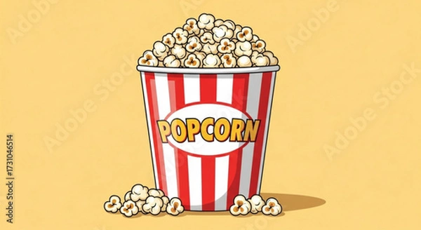 Fototapeta A bucket of popcorn overflowing with kernels and some scattered on the ground on a yellow background