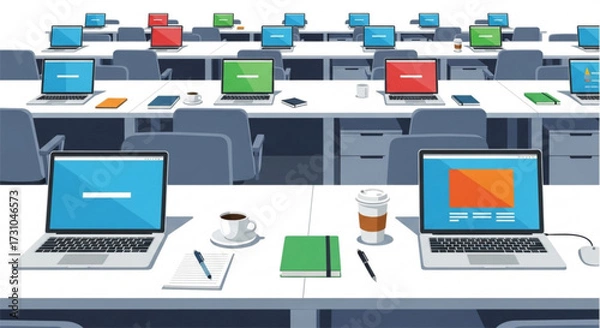 Fototapeta Illustration of a modern office space with multiple desks, laptops, coffee cups, and office supplies