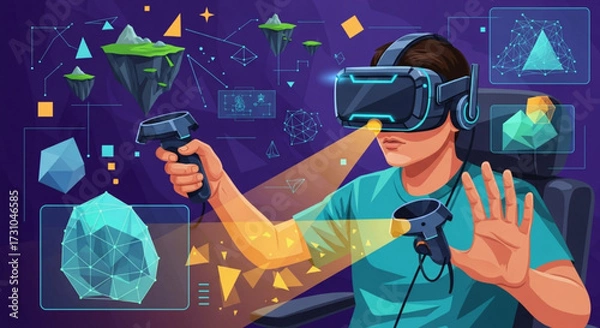 Fototapeta A young man wearing a vr headset and holding controllers interacting with a virtual reality environment