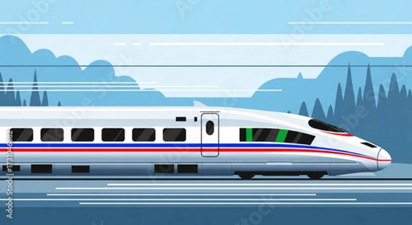 Fototapeta Illustration of a high speed train moving on a track with a background of mountains and cloudy sky
