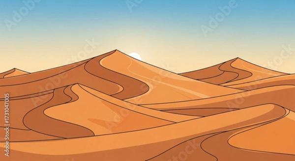 Fototapeta Illustration showing a vast desert landscape with rolling sand dunes under a clear blue and yellow sky horizon