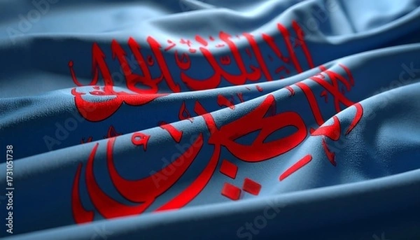 Fototapeta Islamic flag, text in red on blue fabric