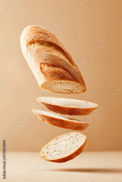 Fototapeta Baguette loaf with diagonal cuts and soft crumb, and sliced pieces