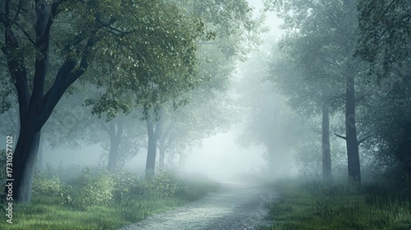 Fototapeta A path through a forest with trees and fog