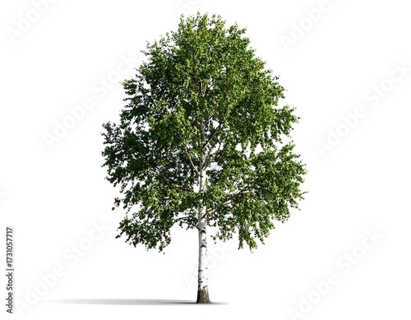 Fototapeta Isolated birch tree against white background.  Green leaves, white bark