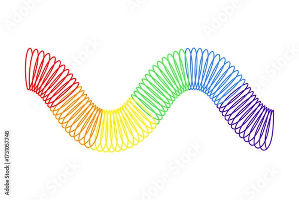 Fototapeta Rainbow colored flexible spring in wavy shape isolated on white background. Children slinky toy popular in the 90s. Plastic multicolored elastic spiral. Vector flat illustration.