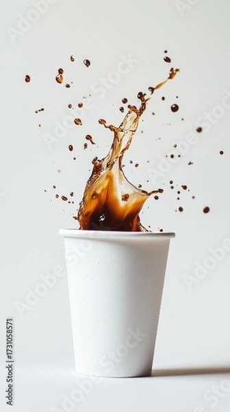 Obraz A splash of dark coffee ino a plain white disposablecup