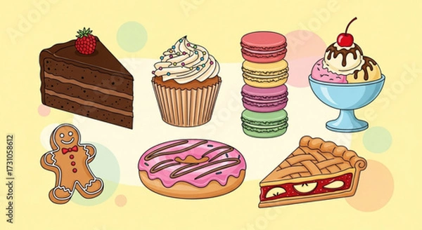 Fototapeta Illustration of assorted sweets including cake, cupcake, macarons, ice cream, gingerbread, donut and pie