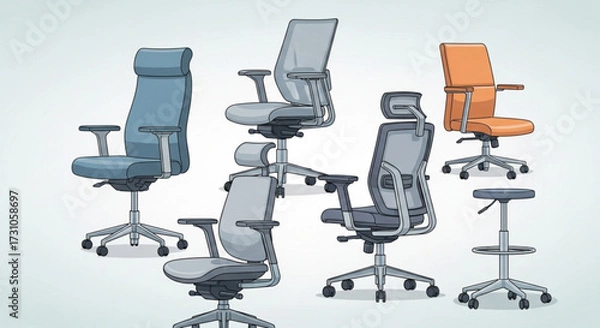 Fototapeta Illustration showing a variety of office chairs in different colors and styles arranged together nicely