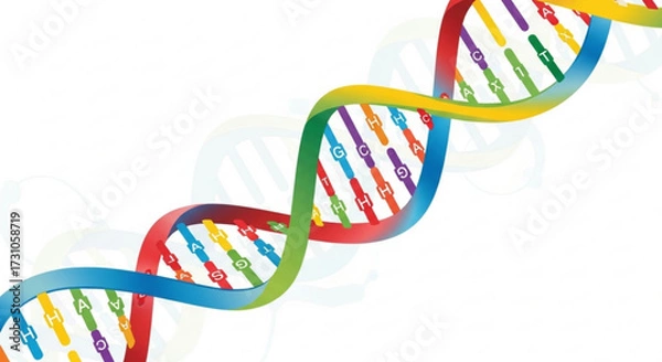 Fototapeta Colorful dna double helix strand with genetic code on white background depicting molecular biology