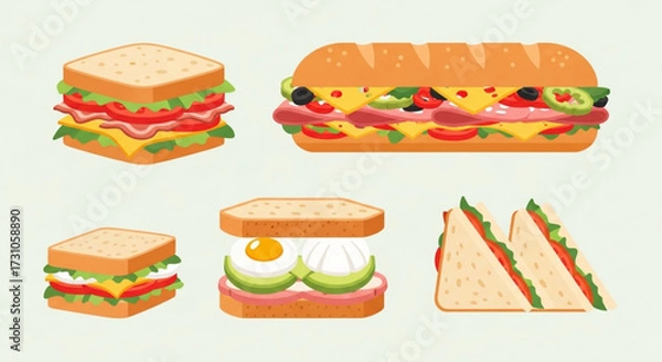Fototapeta Illustration showcasing a variety of sandwiches including club, sub, egg, and triangle sandwiches on a light background