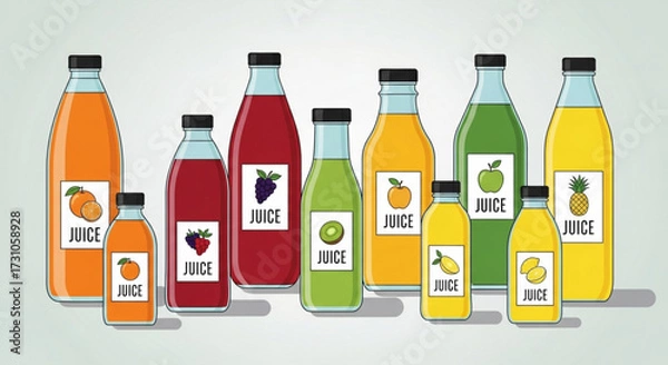 Fototapeta Assorted fruit juice bottles with different flavors and sizes arranged on a surface in a row display