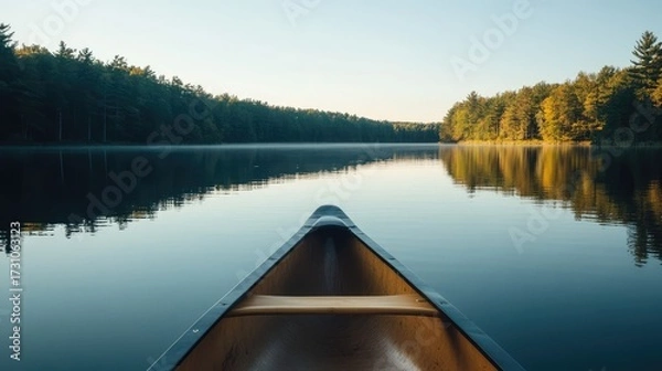 Fototapeta A canoe is in the water with a reflection of the trees on the water