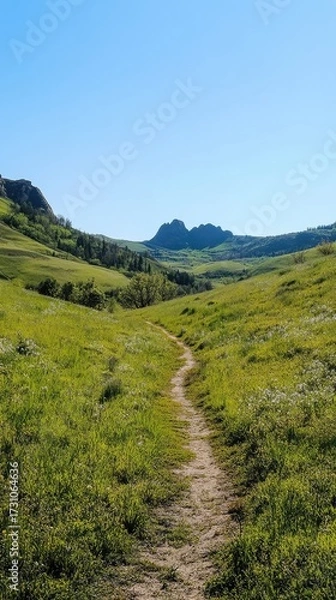 Fototapeta A path winds through a grassy field