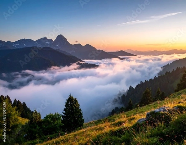 Obraz Mountain valley sunrise, clouds below, hillsides with greenery