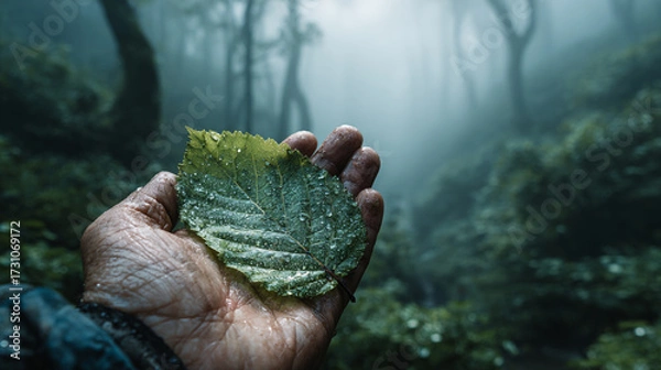Fototapeta A hand holding a wet leaf in a misty green forest scene.