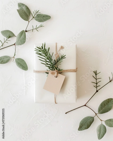 Fototapeta Minimal product mockup holiday flat lay, single gift box and tag, clean white background, soft shadow, copy space Christmas, ecommerce neutral product image gift exchange party holiday shopping