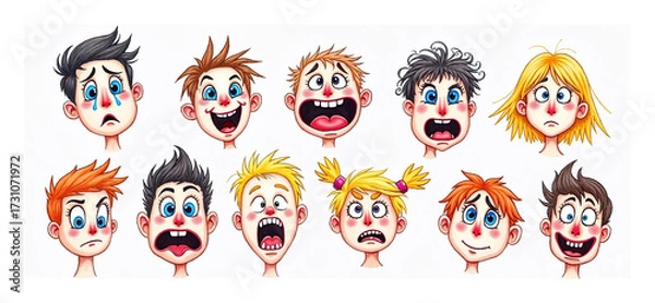 Fototapeta Cartoon faces expressing various emotions in colorful illustration  