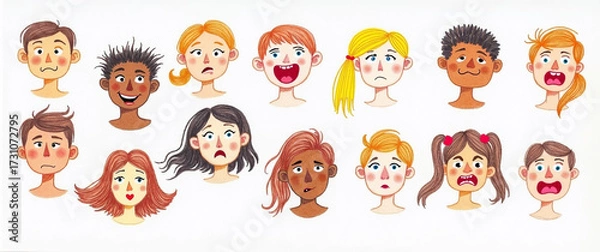 Fototapeta Diverse children's faces showing various emotions in a hand-drawn style  