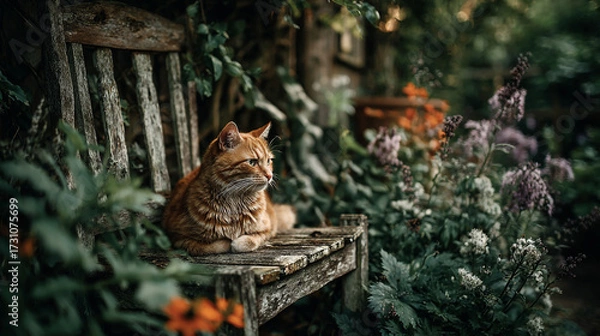 Fototapeta Orange cat resting on a weathered bench in a lush garden.