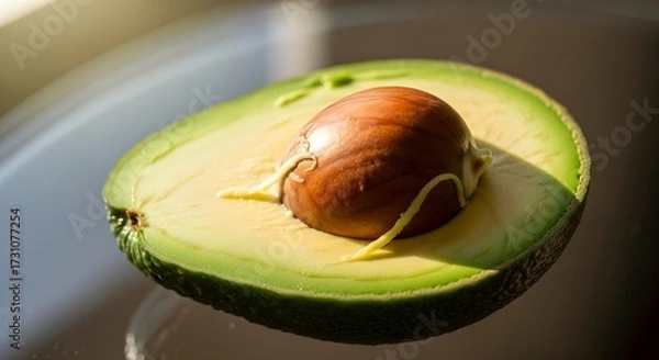 Fototapeta Close-up shot of a ripe avocado cut in half, revealing its smooth flesh and large central pit, perfect for culinary use and healthy eating