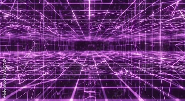 Fototapeta Abstract perspective grid with glowing neon lines, a digital representation of interconnected data and futuristic cyberspace