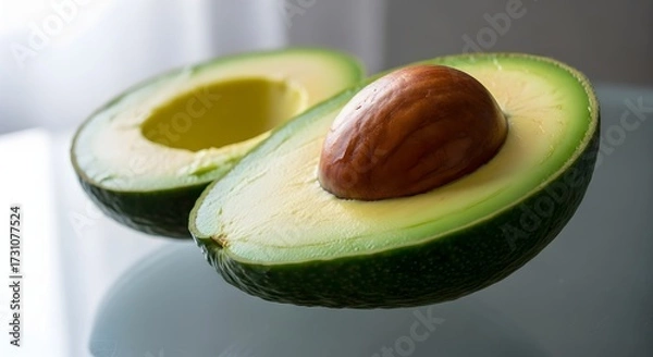 Fototapeta A fresh, ripe green avocado sliced in half, showcasing its large brown seed and creamy flesh on a reflective surface