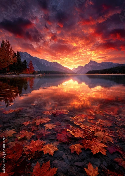 Fototapeta A breathtaking sunset paints the sky with bold oranges and reds as autumn leaves float gently on a calm lake. Mountains frame the scene, enhancing the tranquil atmosphere at dusk.