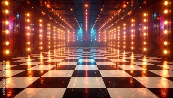 Fototapeta Psychedelic disco hall with luminous firefly lights and a dynamic checkered floor