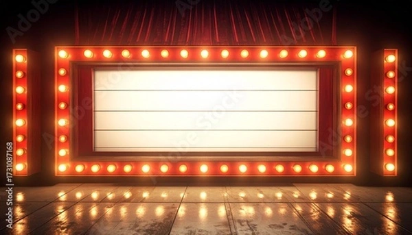 Fototapeta Retro illuminated marquee sign on a vibrant theater stage with red curtains for a classic display