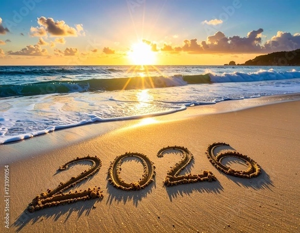 Obraz 波打ち際の砂浜に書かれた2026の数字を朝日が照らしている