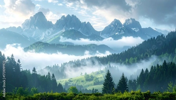 Obraz Misty mountain landscape with sunlit peaks and rolling hills covered in lush green forests