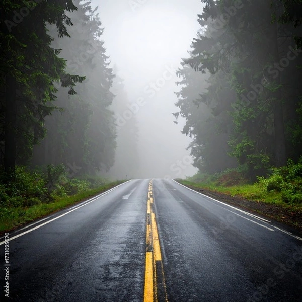 Obraz Misty road disappearing into dense, foggy forest