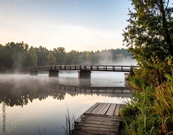 Obraz Misty sunrise over calm lake, wooden bridge and dock