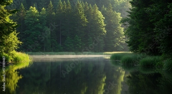 Fototapeta Serene lakeside view with lush green trees and misty atmosphere