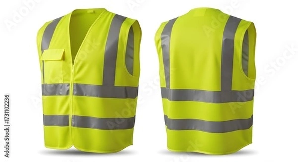 Fototapeta High Visibility Safety Vest: Bright Yellow Reflective Workwear with Front and Back Views, Personal Protective Equipment Isolated on White