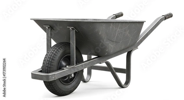 Fototapeta Robust Empty Metal Wheelbarrow for Construction, Gardening, and DIY Projects, Isolated on Clean White Background